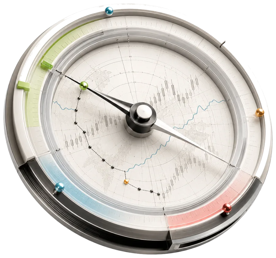 Clock 'N' Compass market navigation instrument: a compass dial with a market chart, a direction needle, and coloured zones for learning, analysis, timing and risk.