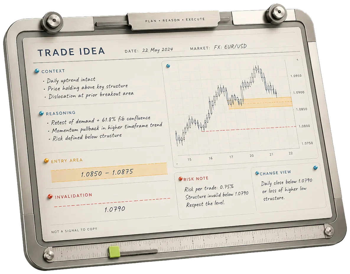 Trade idea board: a metal instrument panel holding a written trade plan — context, reasoning, a labelled chart with entry area and invalidation line, and a risk note. Stamped: not a signal to copy.