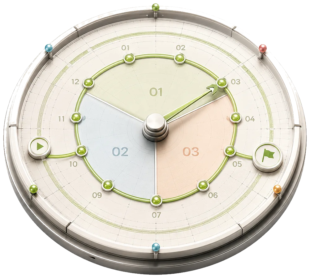Learning dial: a brass-and-ink instrument whose dial is divided into labelled module segments, with a needle tracing the learning route.